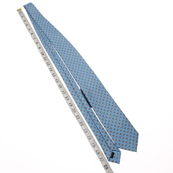Drake's NWT Neck Tie in Light Blue with Orange/White Geometric Pattern 100% Silk